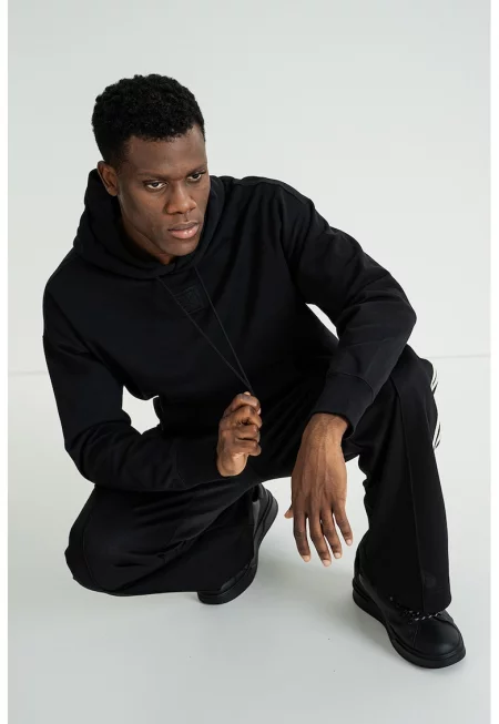 Худи с памук с джоб кенгуру - Черен