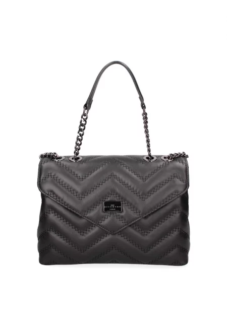 Капитонирана кожена чанта с презрамка с верижка - Черен