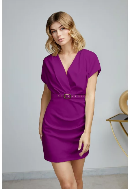 Къса рокля Oslo с шпиц и колан - Виолетов