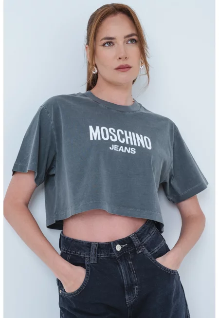 Къса тениска с лого - Бял/Tъмносив