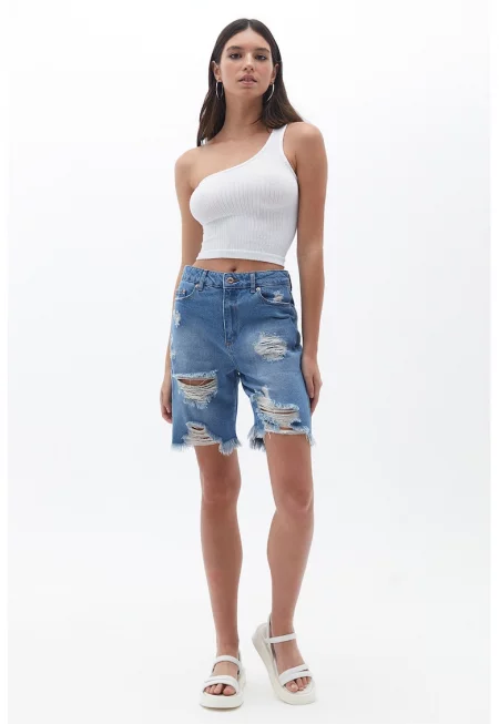 Къси дънки с протрити зони - Син