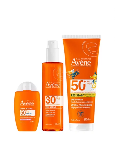 Комплект Avène - Ultra Radiance - Слънцезащитен флуид за лице SPF 50+ - 50 мл - Сатенено слънцезащитно масло SPF 30 - 200 мл - Детски слънцезащитен лосион SPF 50+ ...