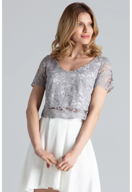Комплект блуза и пола  дантелен топ - асиметрична пола - екрю сиво - 97% полиестер - 3% еластан
