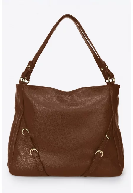 Кожена чанта през рамо с декоративни презрамки - Тъмнокафяв