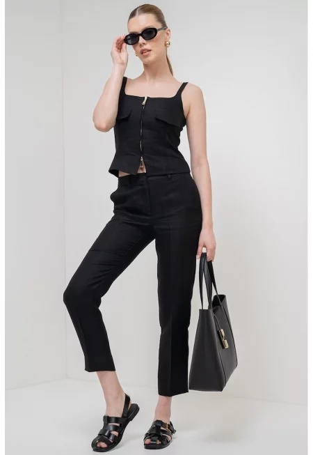 Ленен топ с квадратно деколте - Черен