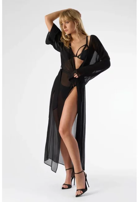 Long Robe With Separated Cord - Черен