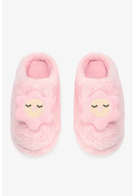 Мъхести домашни пантофи с 3D апликации - Розово