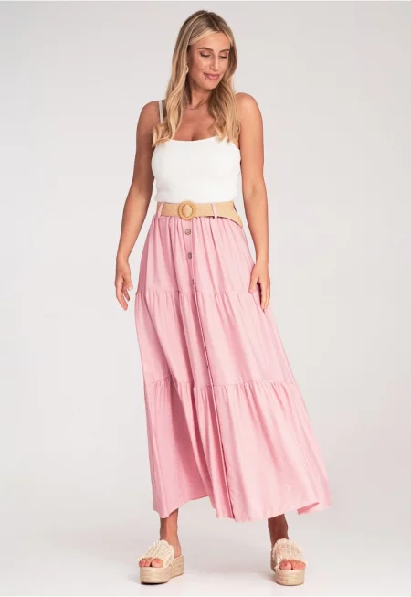 Макси пола  розова - памучна - с волани и плетен колан - SM