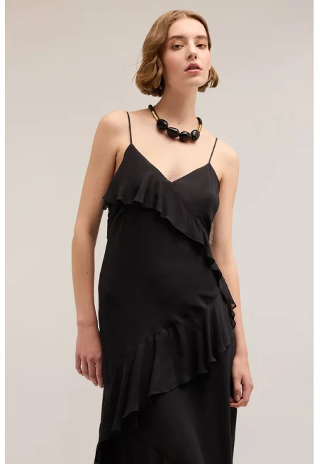 Миди рокля с тънки презрамки - Черен