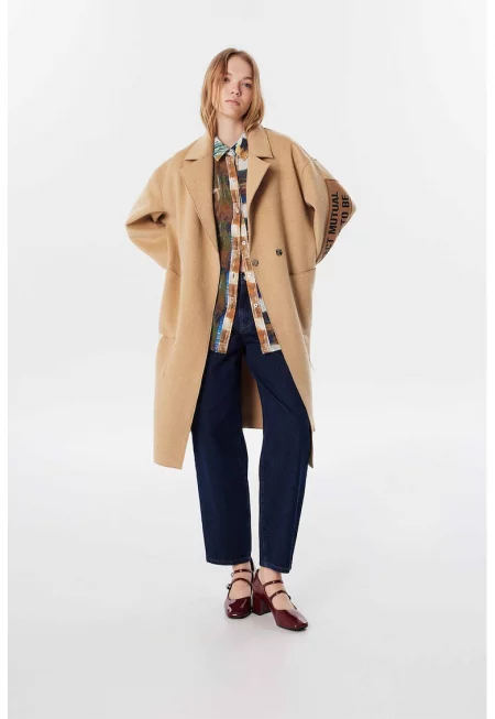 Палто с вълна и надпис - Камел