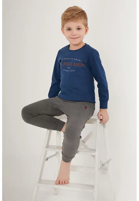 Памучна пижама с лого - Тъмносин/Меланж тъмно сиво