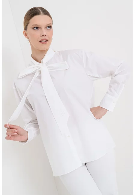 Памучна риза Eryss с яка и панделка - Бял