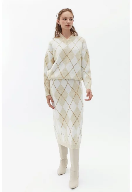 Плетена пола с десен - Бял/Светло бежово