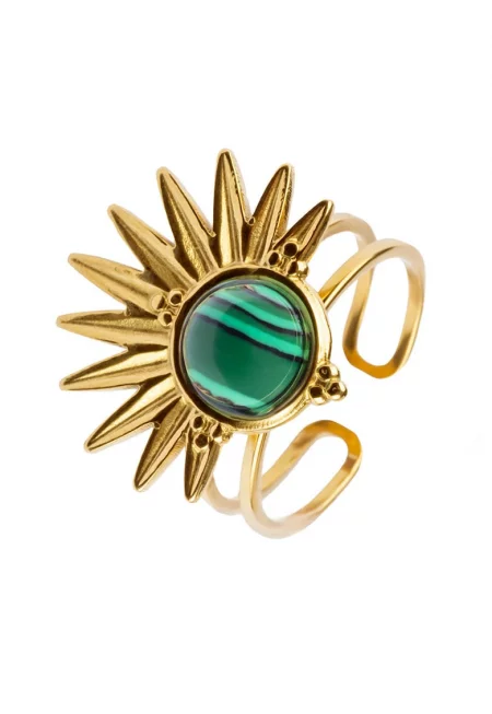 Пръстен от неръждаема стомана с позлата от 18K и камък с ефект на малахит