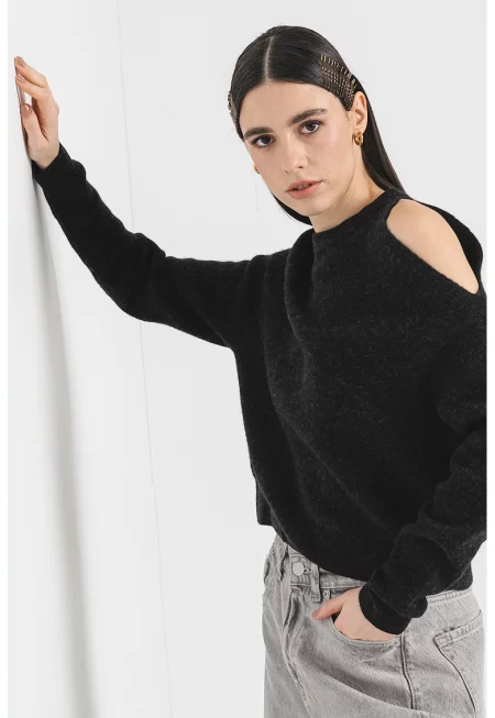 Пуловер с вълна и отвори на раменете - Черен