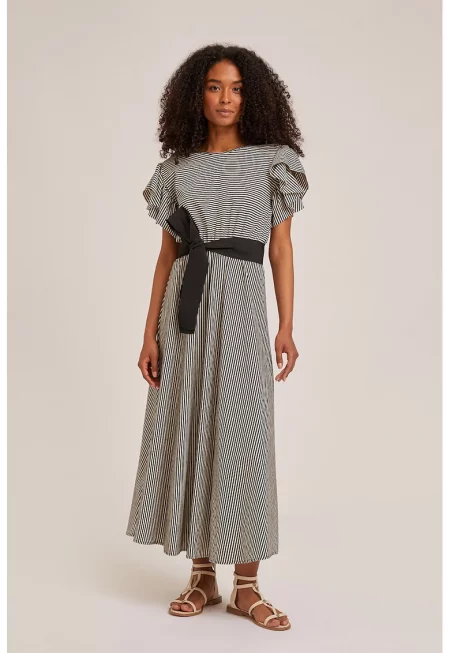 Раирана рокля с връзка - Бял/Черен