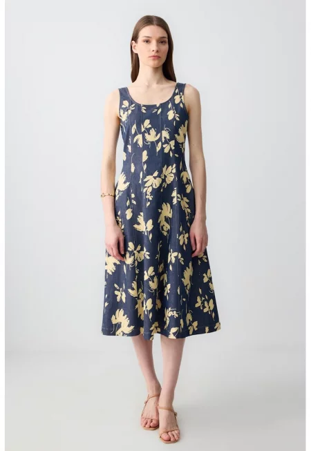 Разкроена флорална рокля без ръкави - Жълт/Тъмносин