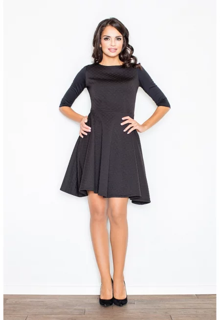 Разкроена миди рокля  черна - 3/4 ръкави - 95% полиестер - 5% еластан