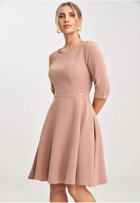 Разкроена миди рокля  розова - полиестер