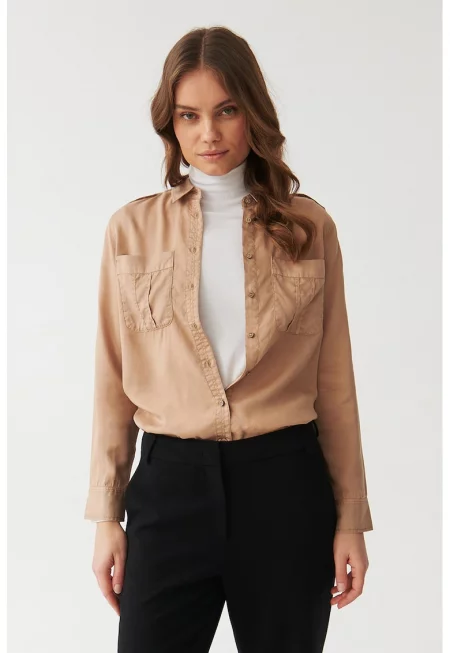 Риза от лиосел Korsana с джобове на гърдите - Светло кафяво