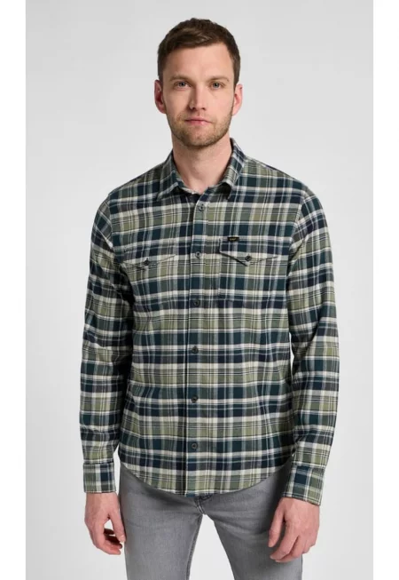 Риза  Regular - зелено-екрю каре - еластичен памук - два джоба