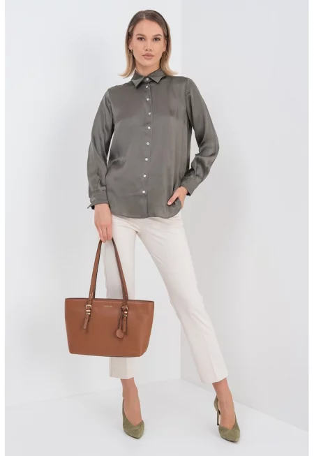 Риза с коприна с дълги ръкави - Каки