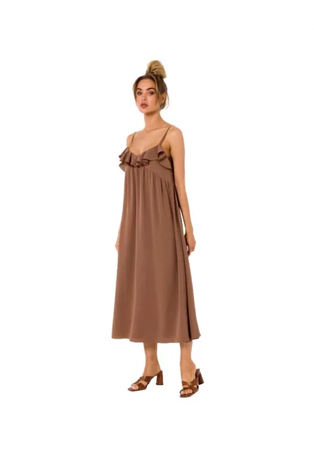 Rochie midi evazata cu bretele subtiri si volane -  Кафяв
