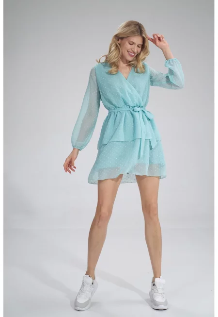 Рокля  модел M767 - шифон - полиестер - бухнали ръкави - синя