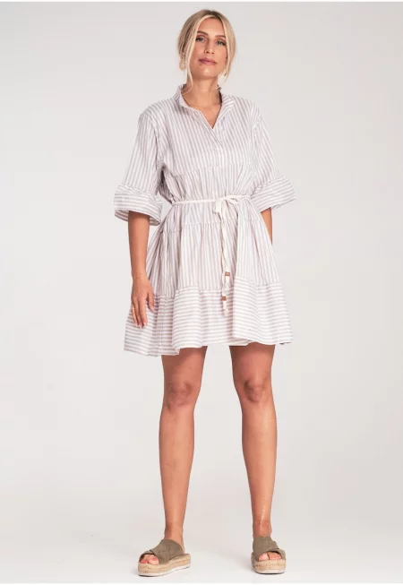 Рокля  на райета - широки ръкави - бежово - SM