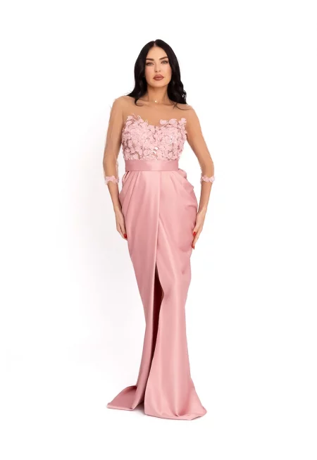 Сатенена рокля с флорален десен - Пастелнорозов