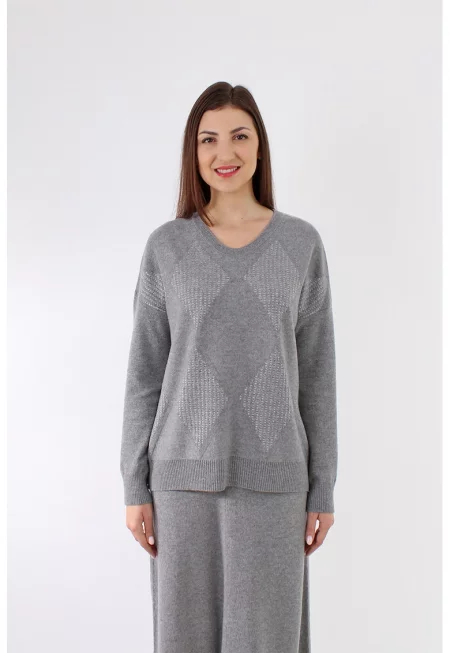 Шпиц пуловер с мерино и кашмир - Tъмносив