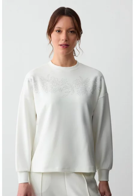 Суитшърт с овално деколте - Бял