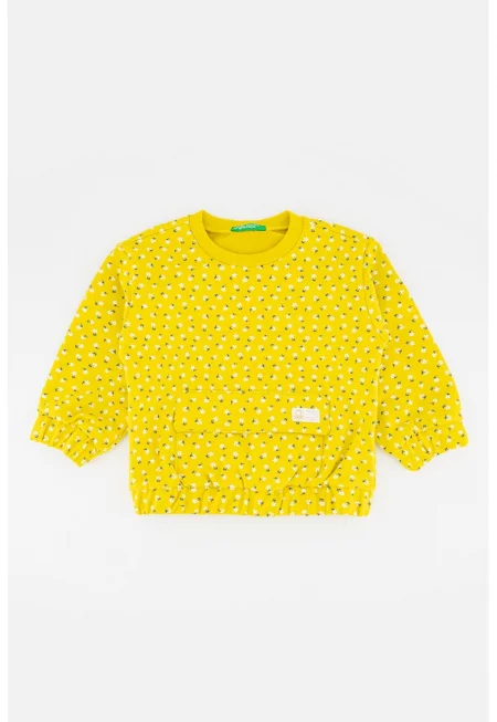 Суитшърт с овално деколте и флорален десен - Бял/Тъмносин/Синапено жълто