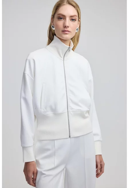 Суитшърт с паднали ръкави и цип - Бял
