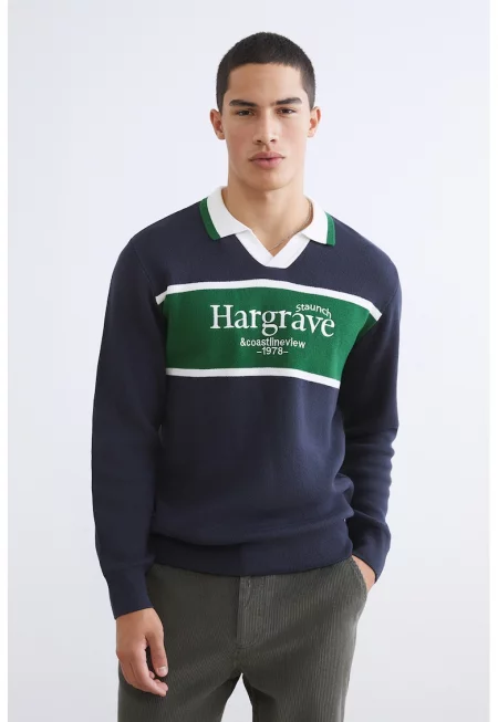 Суитшърт с яка и контрасти - Бял/Зелен/Индигово синьо