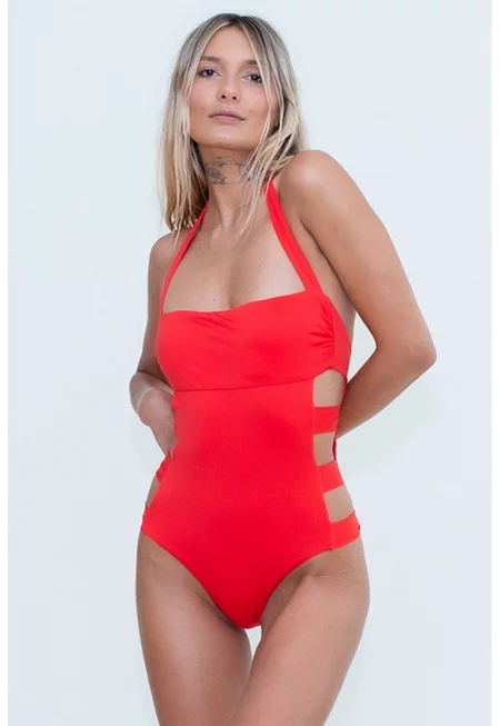 Цял бански със странични отвори - Аленочервен