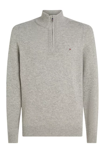 Вълнен пуловер с къс цип - Светло сив