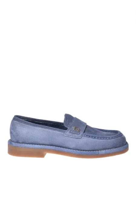Велурени мокасини с метален монограм - Син