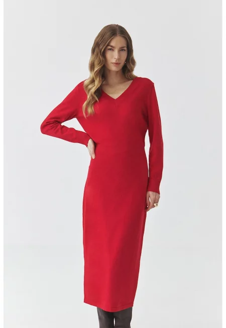Вталена рокля с памук - Червен