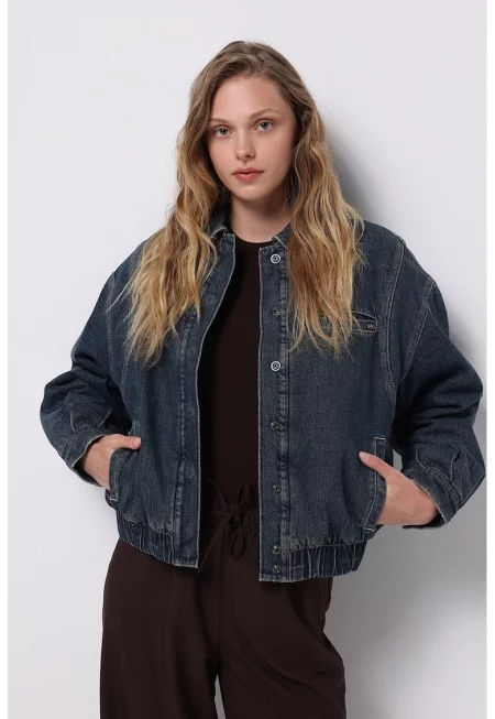 Яке от деним с еластична талия и капси - Тъмносин