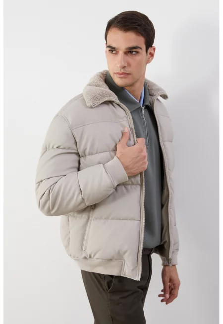 Зимно яке с пухена яка - Сиво-бежов