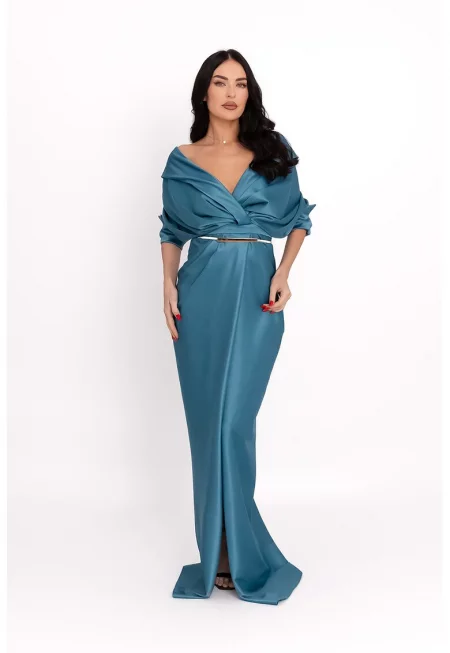 Дълга рокля с драпиран дизайн - Тюркоаз