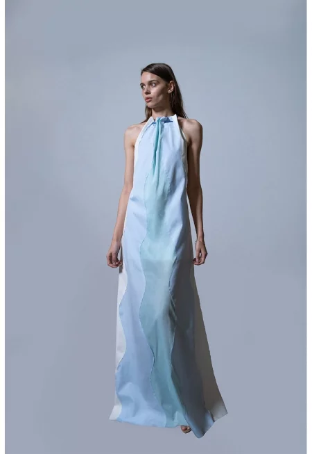 Дълга рокля със свободна кройка - Бял/Светлосин
