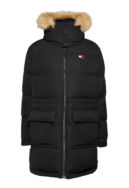 Дълго зимно яке с джобове с капаче - Черен/Тъмнобежово