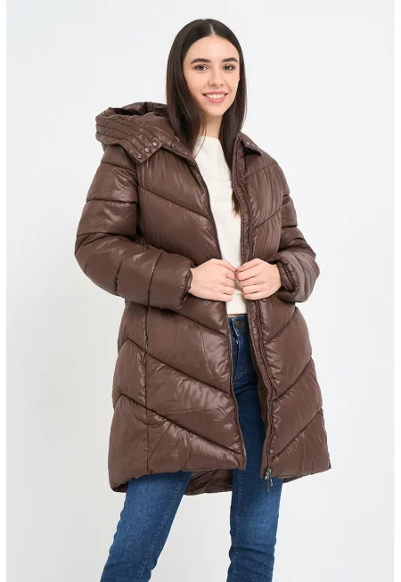 Дълго зимно яке с цип - Кафяв