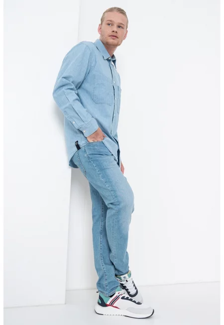 Дънкова риза с дълги ръкави - Светлосин