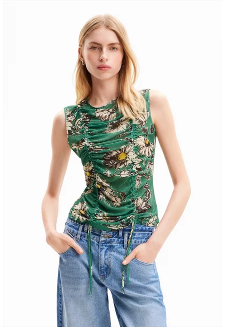 Флорален топ с набран дизайн - Зелен/Крем
