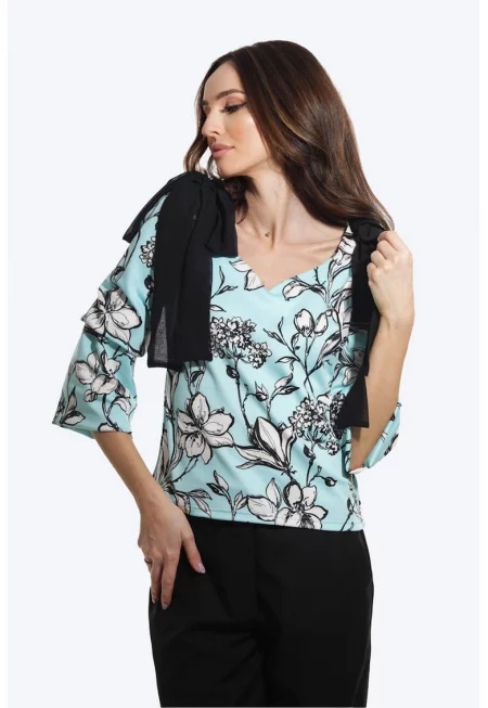 Флорална блуза с панделки на раменете - Бял/Черен/Аквамарин синьо