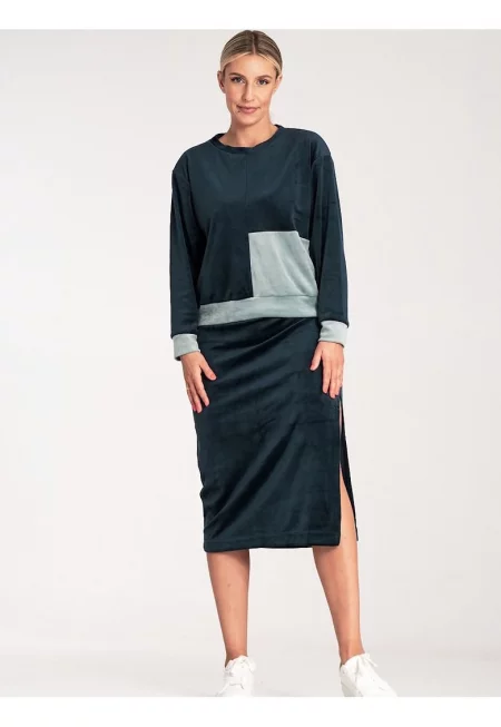 Комплект  двуцветна блуза с дълги ръкави - пола молив с цепка - Тъмносин