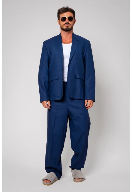 Костюм - изработен от лен - овърсайз яке и дълъг панталон - тъмносин 13436 - Тъмносин
